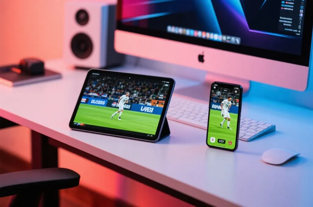 Modern multi-screen sports streaming setup on a tablet and smartphone with high definition action