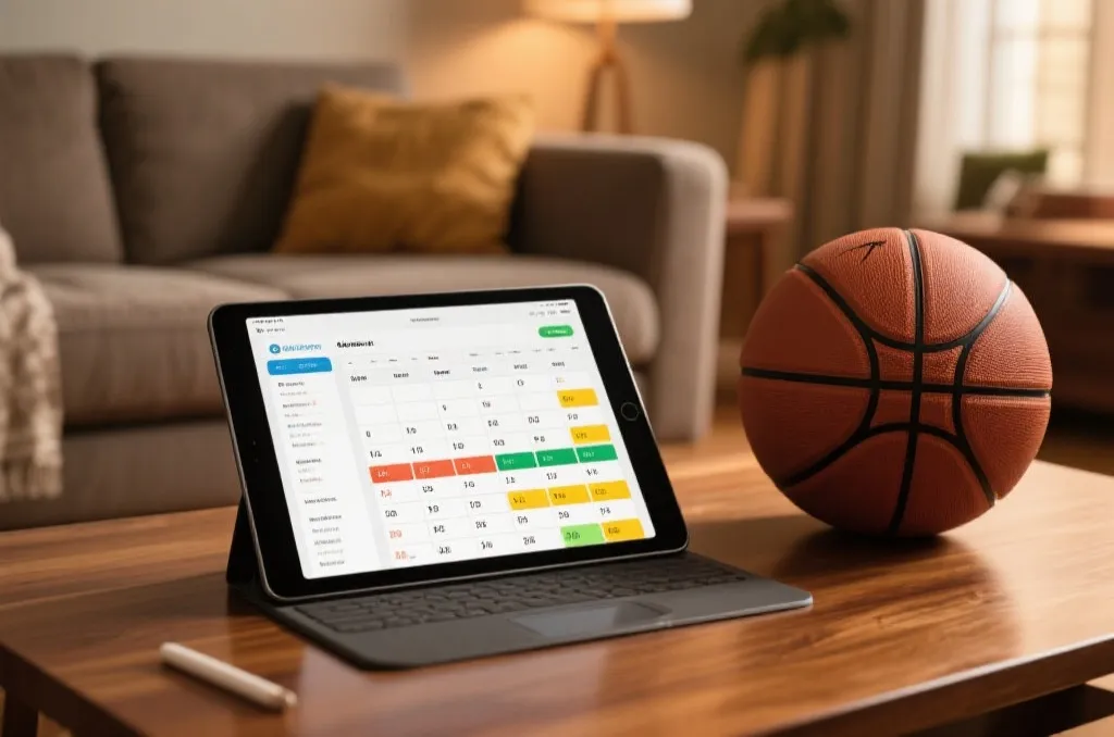A tablet computer displaying a sports schedule on a wooden table, next to a basketball, cozy living room background, realistic lighting