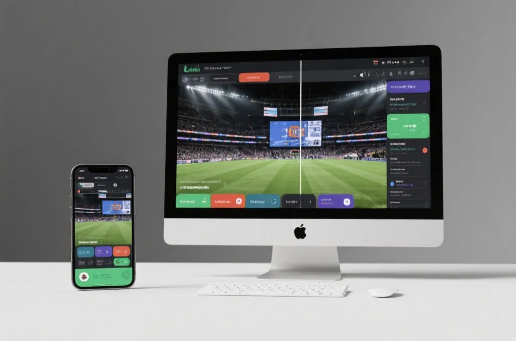 A clean, modern split-screen mockup showing mobile and desktop devices rendering a high-quality sports broadcast layout